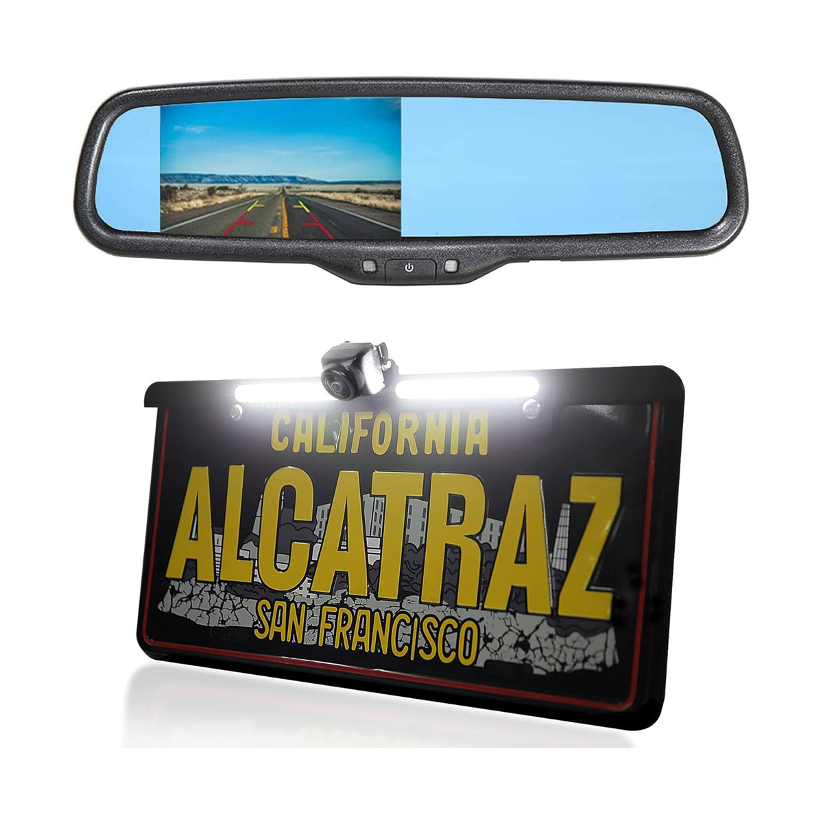 License Plate Backup Light Bar Camera with 4.3" Mirror Monitor Kit