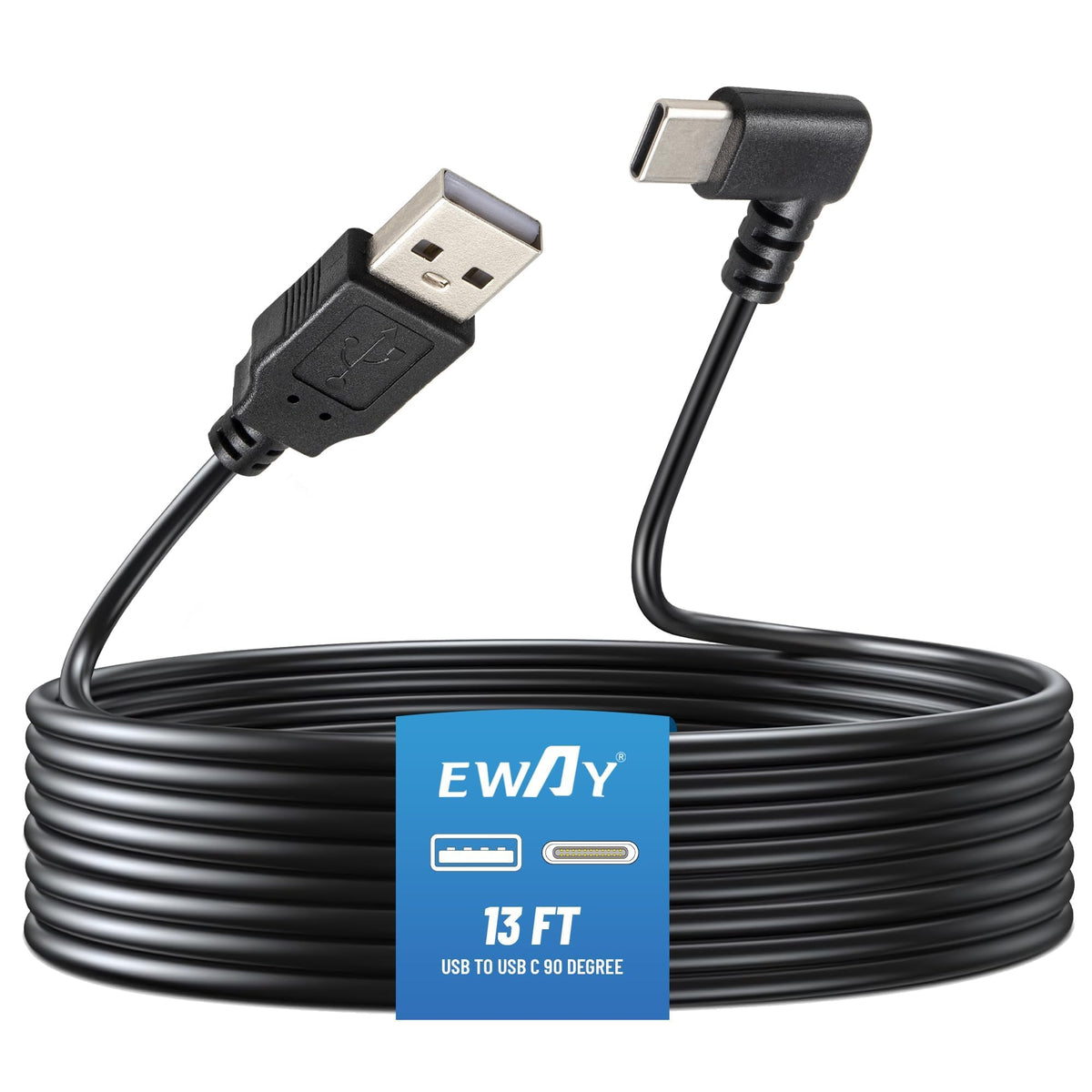 EWAY USB C Dash Cam Power Cord (13FT/4M), 90 Degree USB-A 2.0 to Type-C Cable REQUIRES 2.5A Input - USBC Replacement Power Supply for Front Rear View Mirror Dashcam Dashboard Recorder Recording Camera