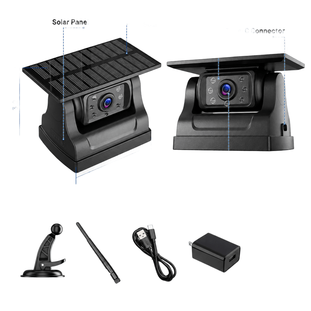 Solar-Power Wireless WiFi Trailer Backup Camera with Built-in 9000mAh Rechargeable Battery